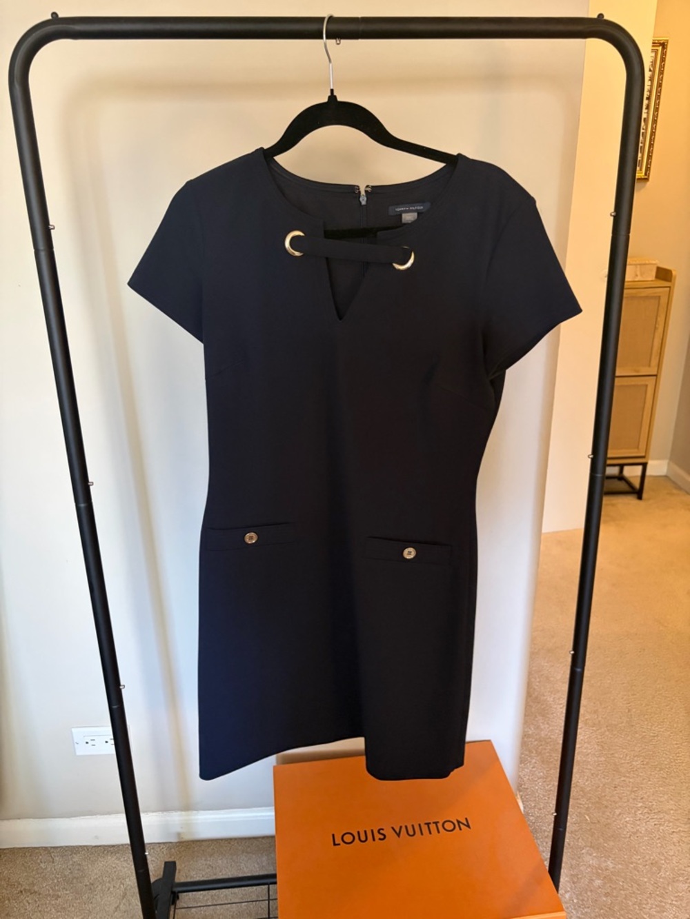 Tommy Hilfiger Navy Mini Shift Dress with Gold Eyelet Detail